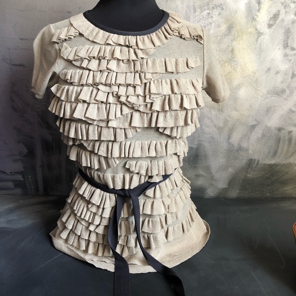 Les Copains ruffle knit top in tan beige- m - Picture 2 of 7